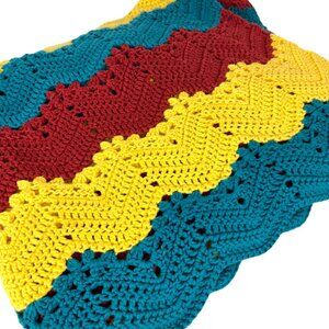 Crochet Knitted Afghan Throw Blanket Zig Zag Chevron Pattern Red Yellow Teal